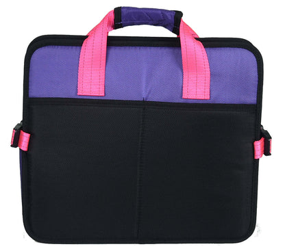 Folded pet travel bed, purple top and black front panel with pink carry handles