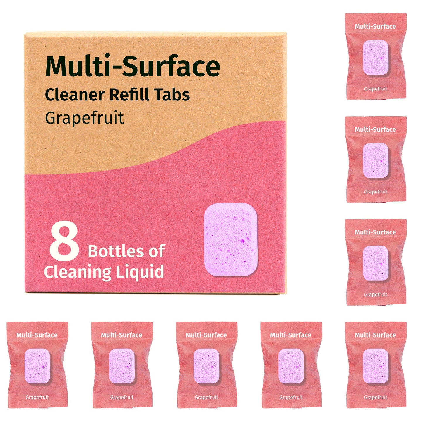 Multi-surface cleaner refill tablets pack, grapefruit-scented pink tablets in box