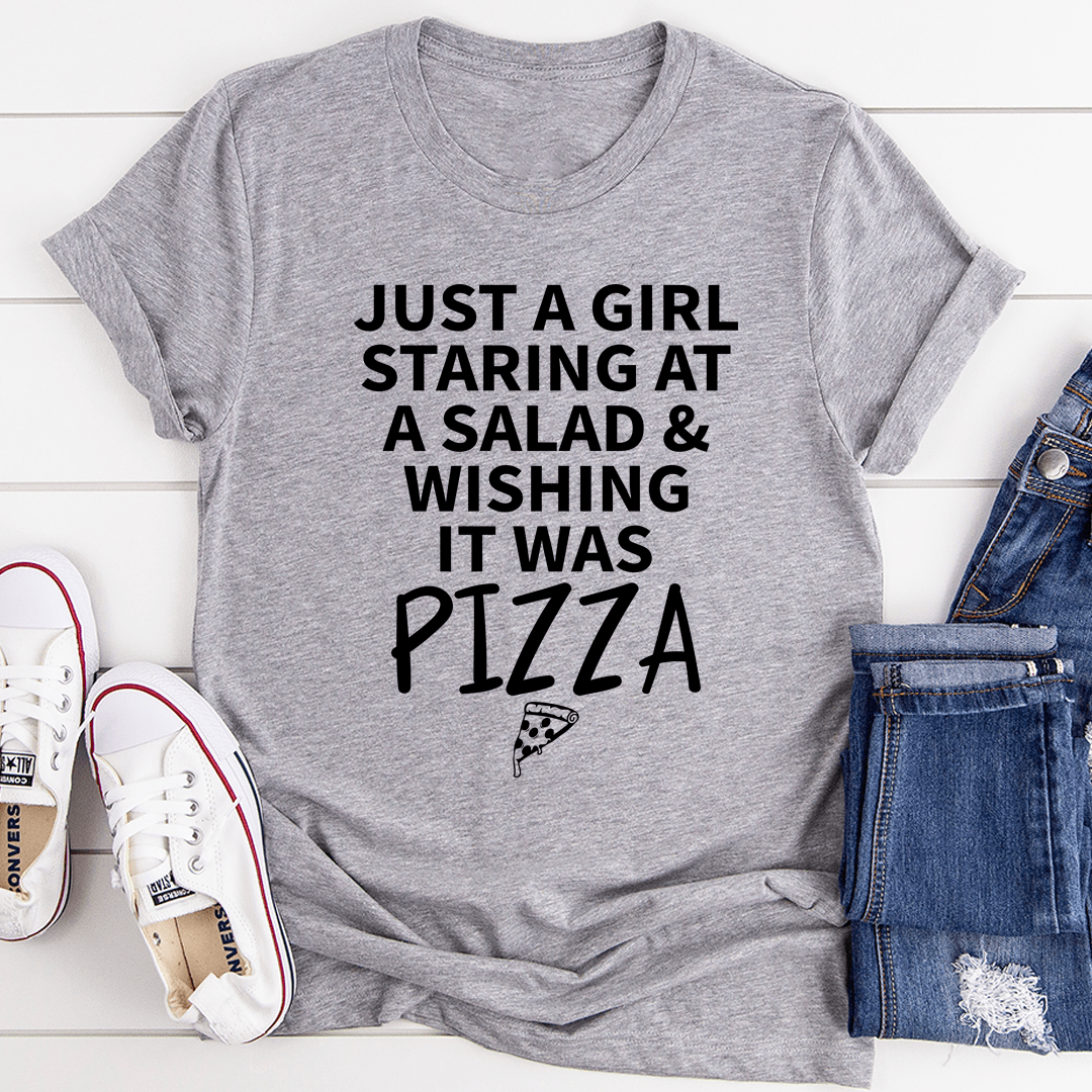 Heather gray graphic crewneck T-shirt with pizza wish slogan and salad icon