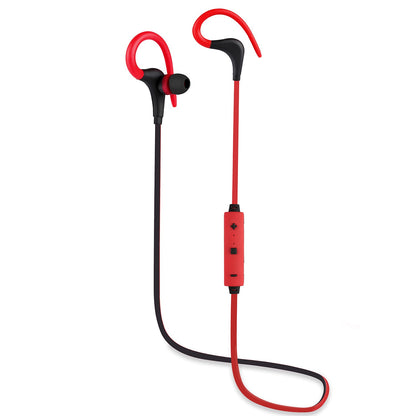 Red and black sport in-ear headphones with ear hooks and inline charging control pod