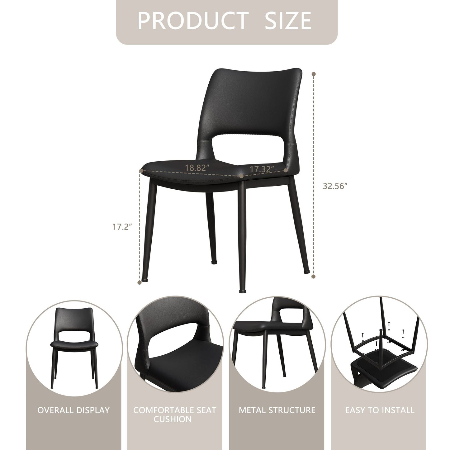 Modern minimalist black PU leather Dining Chairs Set of 2, comfortable backrest design, metal leg support, suitable for restaurants, kitchens, and offices.