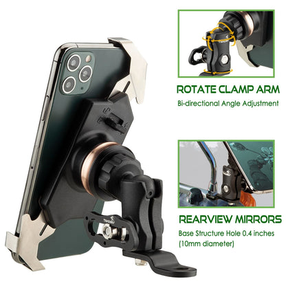 Motorcycle phone mount with clamp and rotating arm for multi-angle rearview mirror use