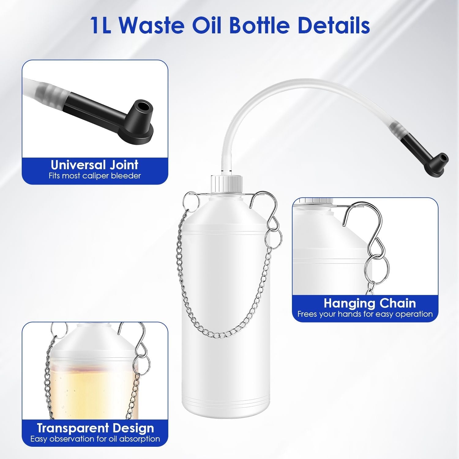 1L waste oil bottle with hanging chain, clear body, and universal joint outlet tube