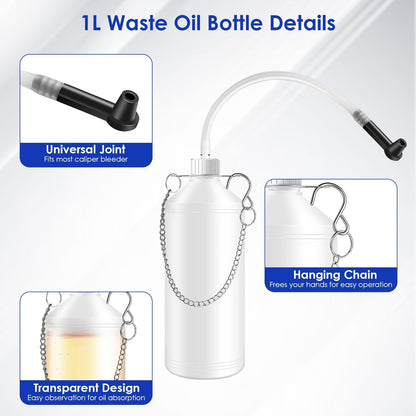 1L waste oil bottle with hanging chain, clear body, and universal joint outlet tube