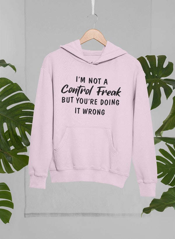 Mauve/purple hoodie with hood and kangaroo pocket, white printed quote on front