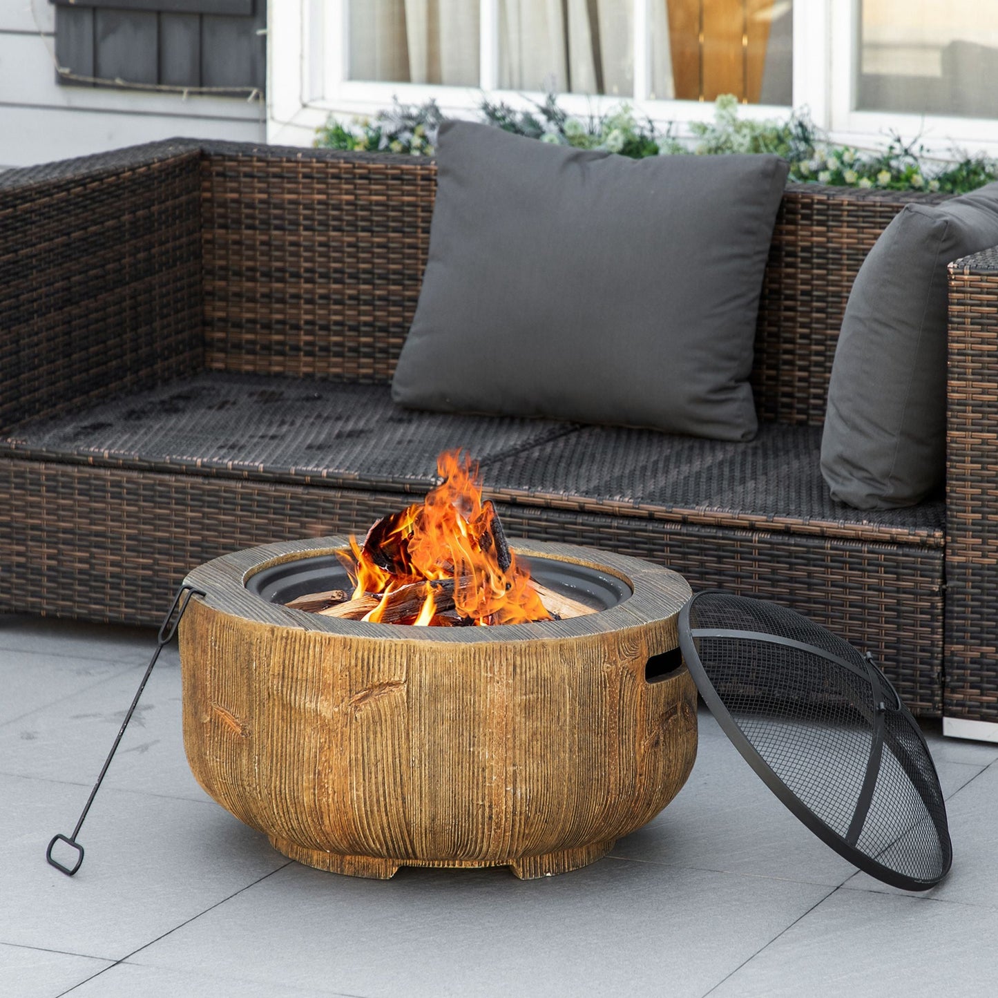 Outdoor Fire Pit, 24 Inch Metal Wood Burning Fireplace with Spark Cover, Poker, Woodgrain Design for Patio, Picnic, Backyard, Light Brown