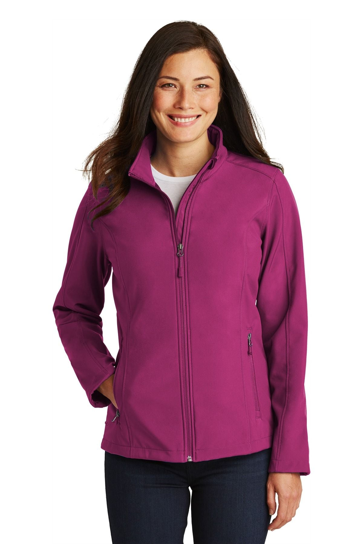 Ladies soft shell jacket in berry purple, full-zip with stand collar and side pockets