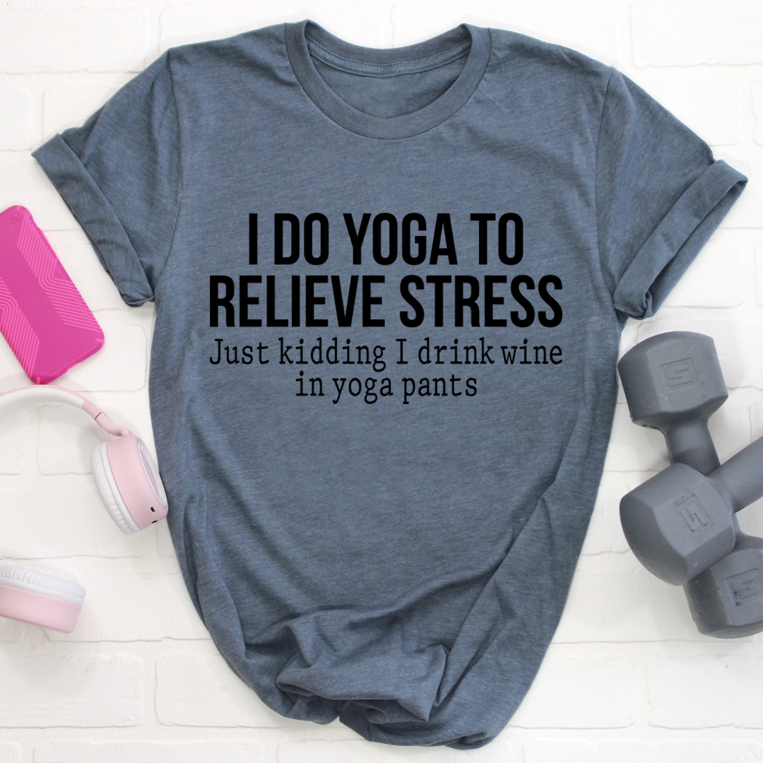 Steel blue crewneck yoga slogan T-shirt with front print: "I DO YOGA TO RELIEVE STRESS"