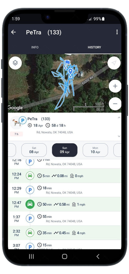 Smartphone screen showing GPS dog tracking history and location map (device display)