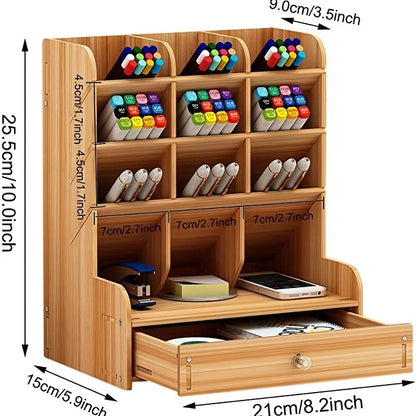 1pc Wooden Desk Organizer, Multi-Functional DIY Pen Holder, Pen Organizer For Desk, Desktop Stationary, Easy Assembly, Home Office Art Supplies Organizer Storage With Drawer