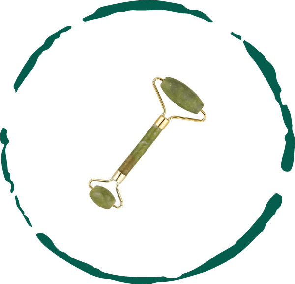 Jade roller tool with green stone heads and gold-tone frames, isolated