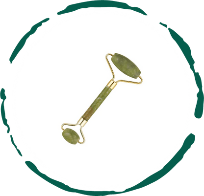 Jade roller tool with green stone heads and gold-tone frames, isolated
