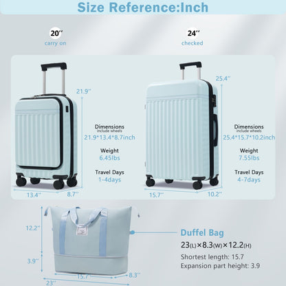 Front Opening Luggage Set 3 Piece, Hardside Carry on Suitcase with USB Port, Expandable Luggage with Handle Bag Spinner Wheels TSA Lock