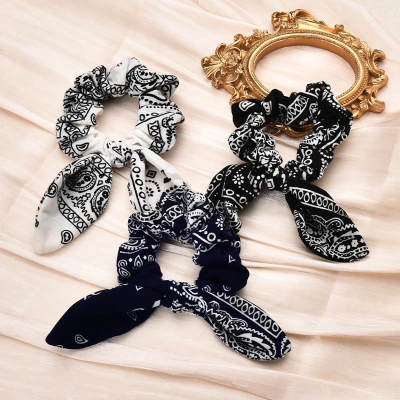 Hair Bow Scrunchy Hair Ties for Girls Ponytail Holders for Women Bunny Ear Scrunchies 3Pcs