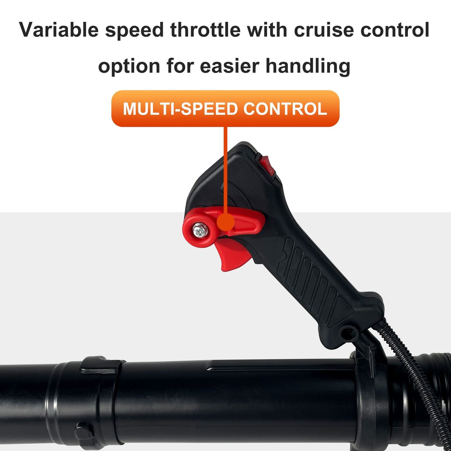 Gas backpack leaf blower handle with control switch for varying speeds
