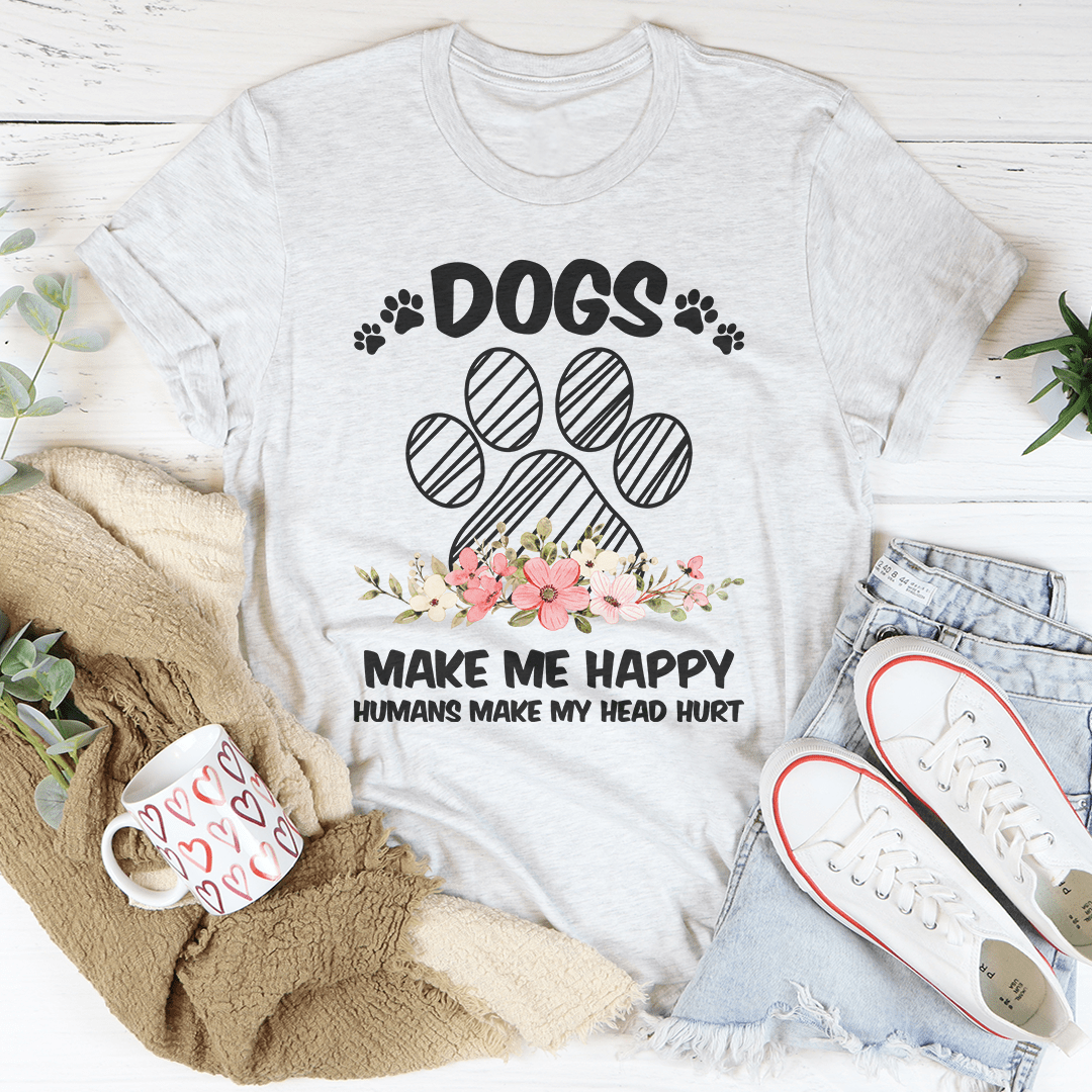 Light gray T-shirt with paw print graphic, floral details, and "Make Me Happy" text