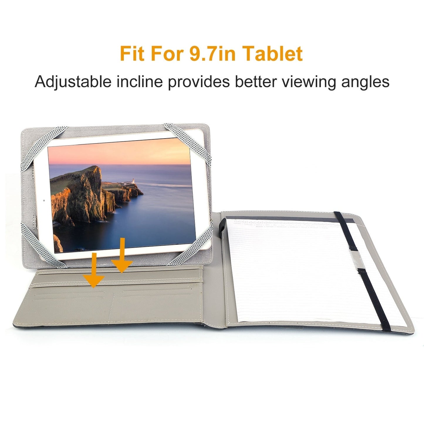 9.7in tablet organizer case set as a viewing stand with lined notepad, open