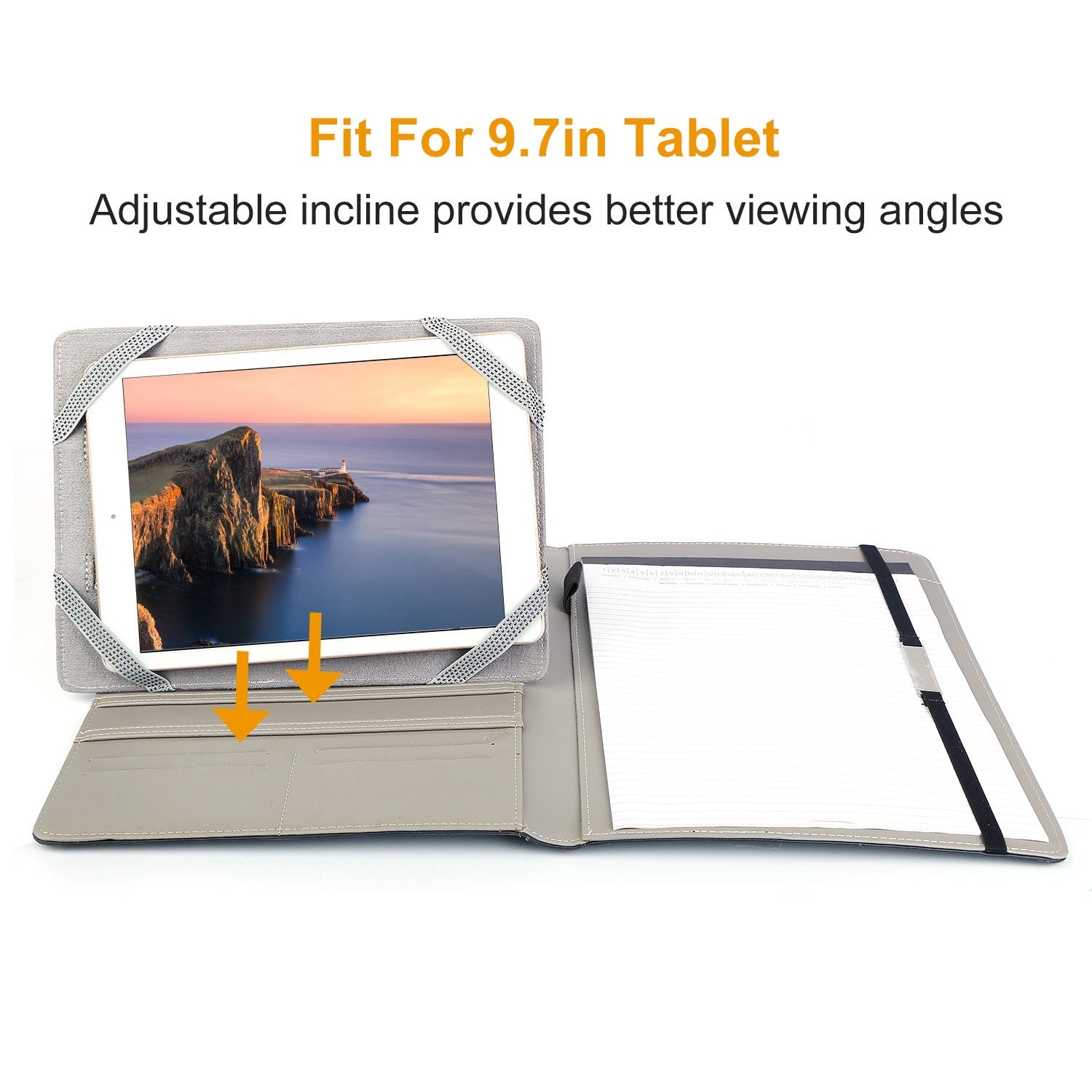 9.7in tablet organizer case set as a viewing stand with lined notepad, open