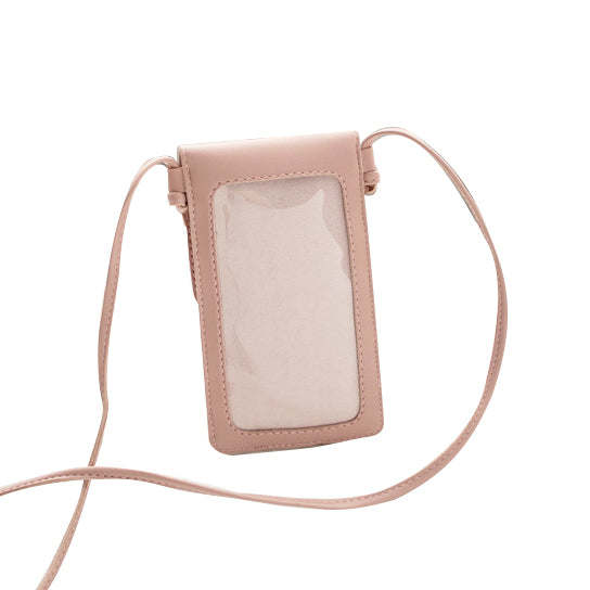 Pink mini crossbody phone and card holder bag with clear front window