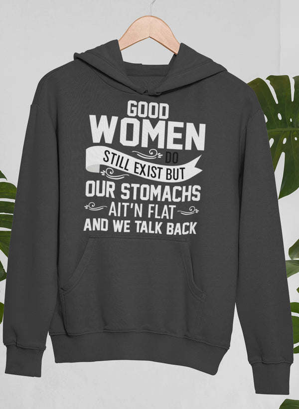 Dark heather pullover hoodie with front graphic text and kangaroo pocket