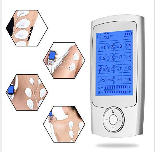 Sore No More relaxer device with control screen and adhesive electrode pads