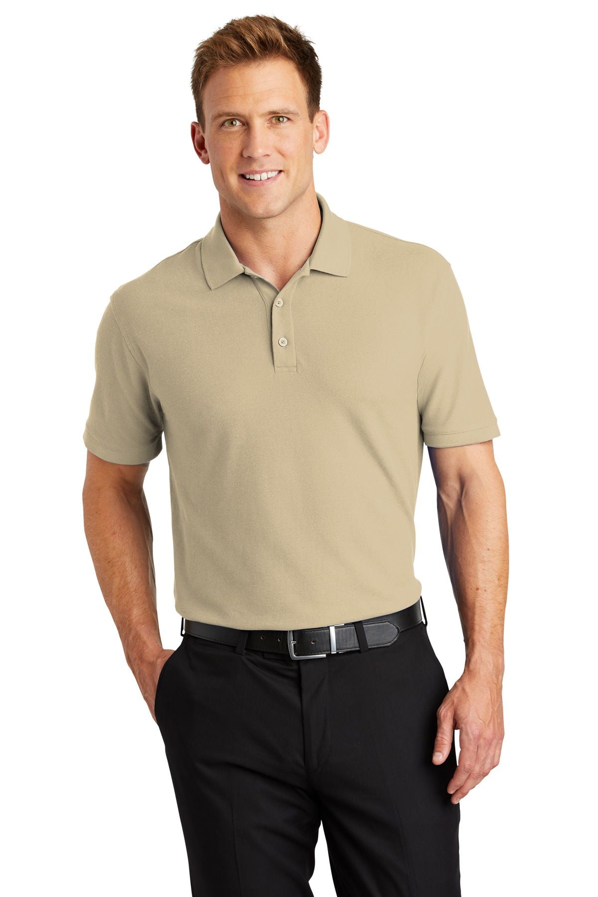 Beige pique polo shirt with button placket and short sleeves
