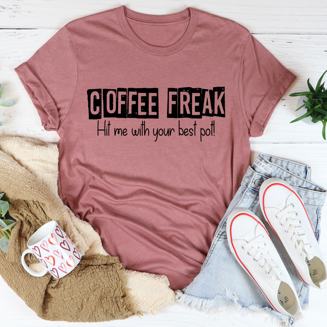 Mauve T-shirt with 'COFFEE FREAK' coffee graphic and 'best pot' slogan