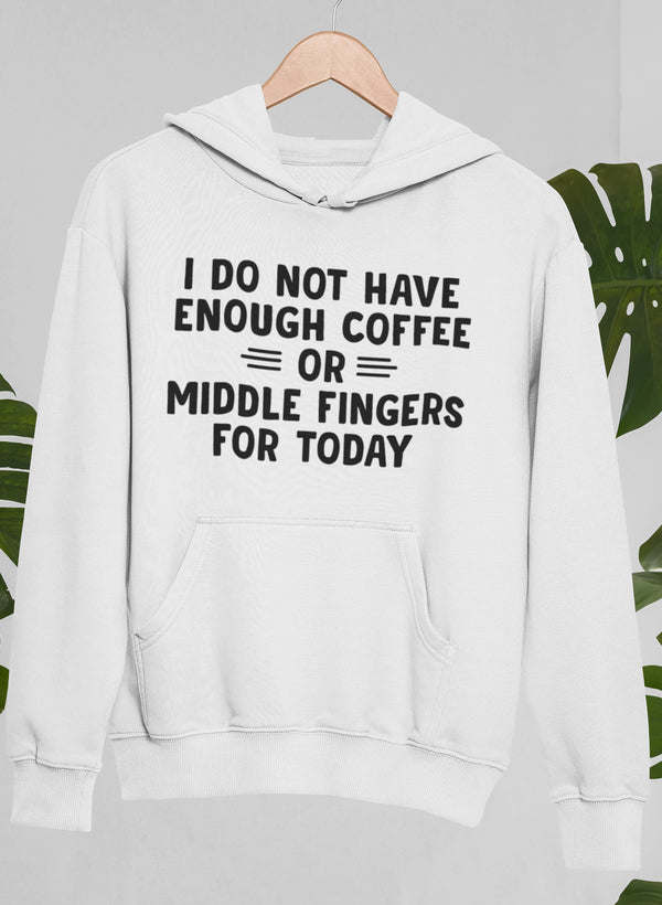 White hoodie with kangaroo pocket and bold front text graphic