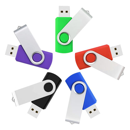 Mix-color swivel USB 2.0 flash drives five-pack with key rings and lanyards