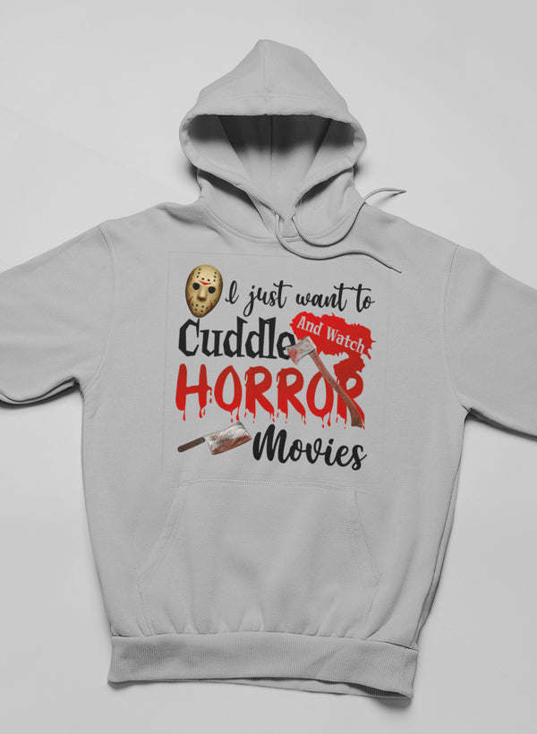 Gray hoodie with front pocket and "Cuddle Horror Movies" graphic