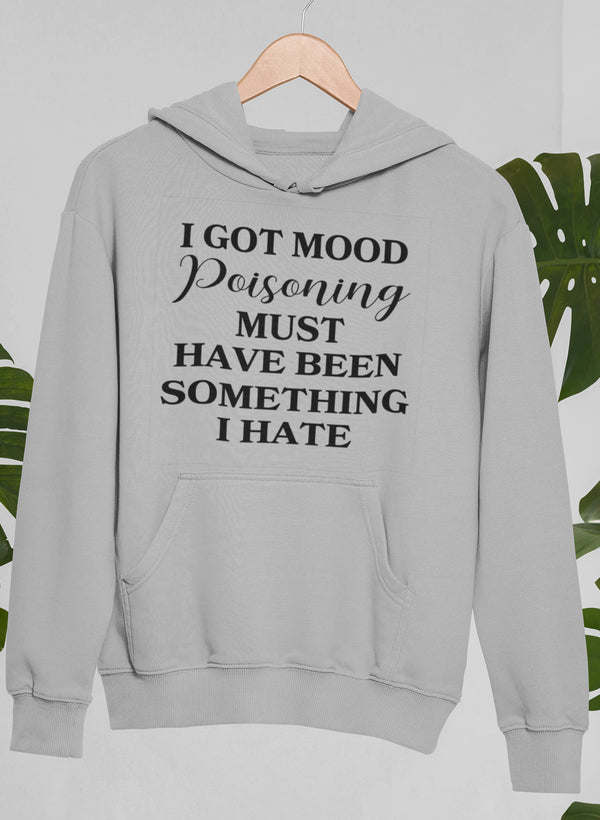 Gray pullover hoodie with kangaroo pocket and hood; 'Poisoning' front graphic.