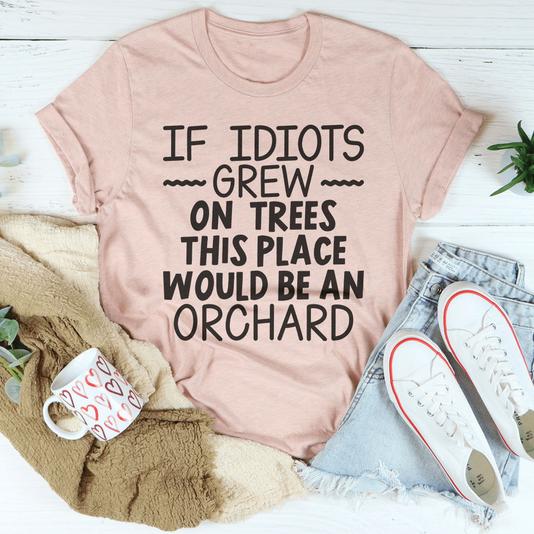 Blush pink crewneck T-shirt with black orchard quote graphic
