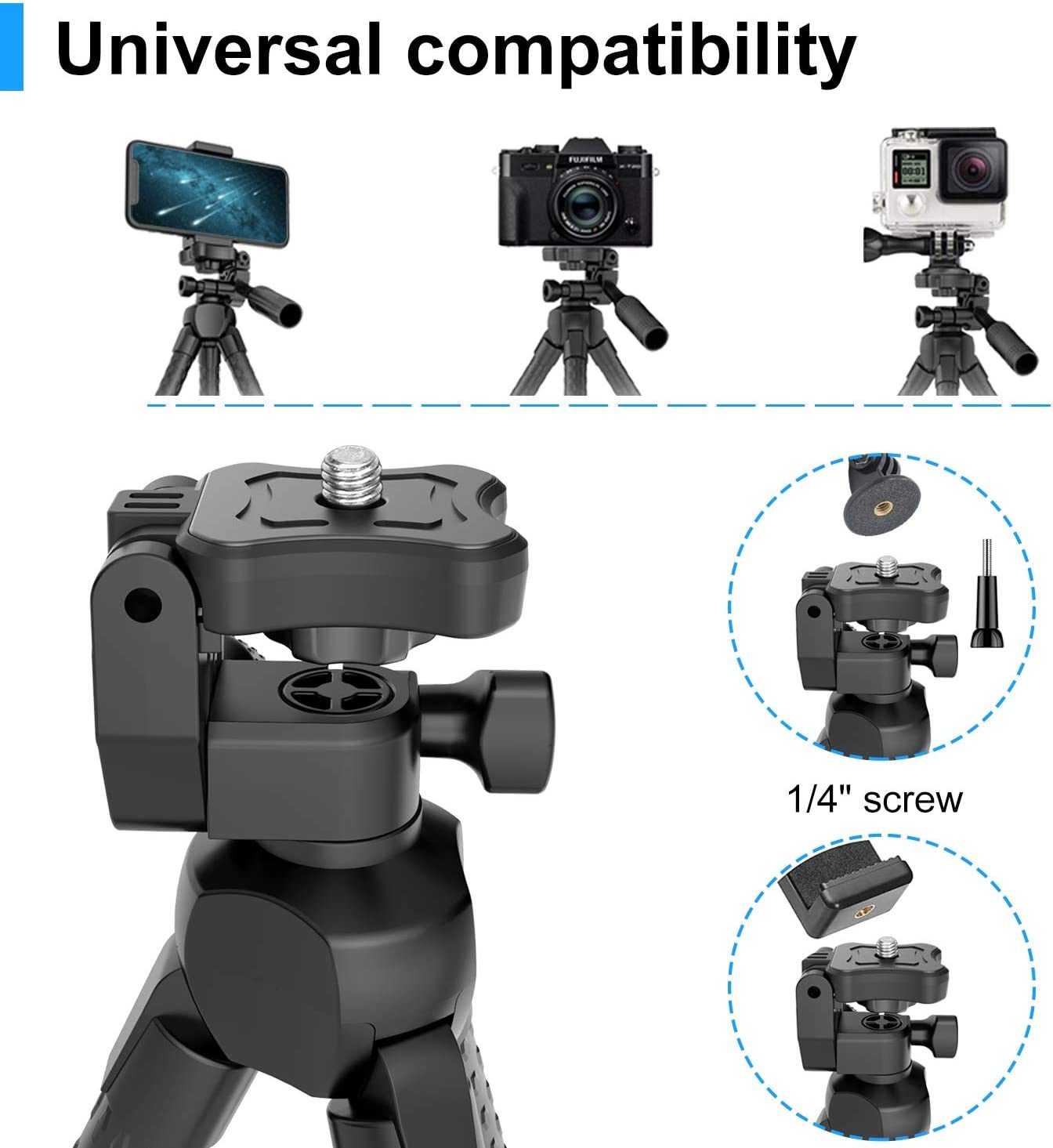 Black tripod head with 1/4-inch screw mount and adjustable phone-holder ball joint