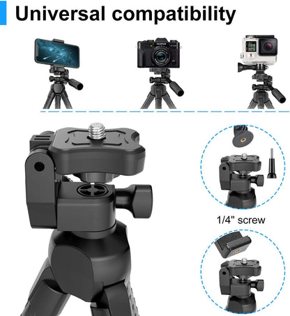 Black tripod head with 1/4-inch screw mount and adjustable phone-holder ball joint