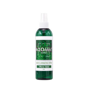 Odor remover spray bottle, green with white pump; Mary Jane scent.