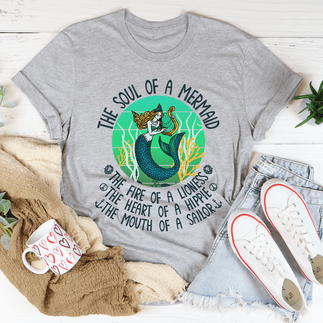 Mermaid T-shirt, medium gray with mermaid graphic and arched text, crew neck short sleeves