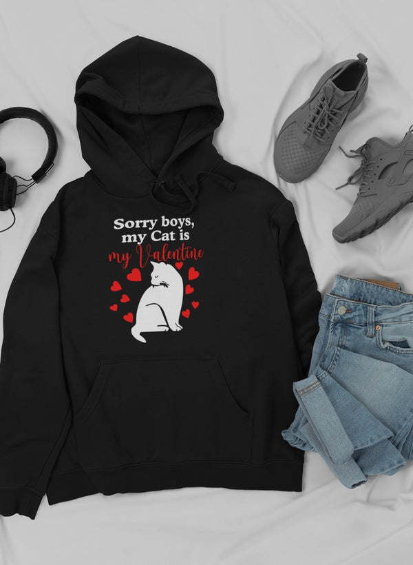 Boys' pullover hoodie, black, drawstring hood, cat and heart Valentine front print