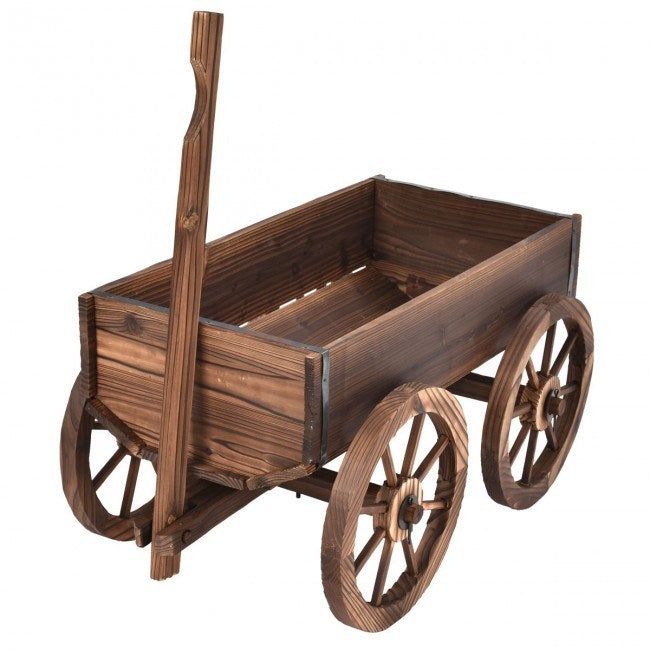 Wood wagon planter pot stand with wheels, empty rectangular planter box