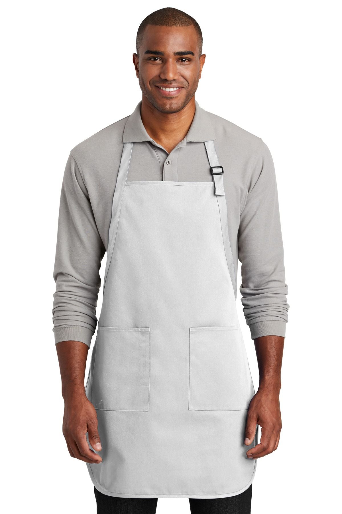 Full-length two-pocket bib apron, white, with neck strap and two front pockets.