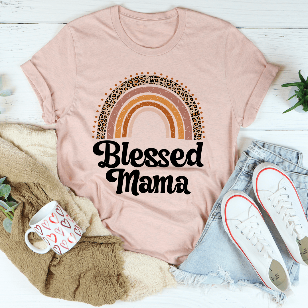 Dusty pink boho rainbow T-shirt with “Blessed Mama” front graphic