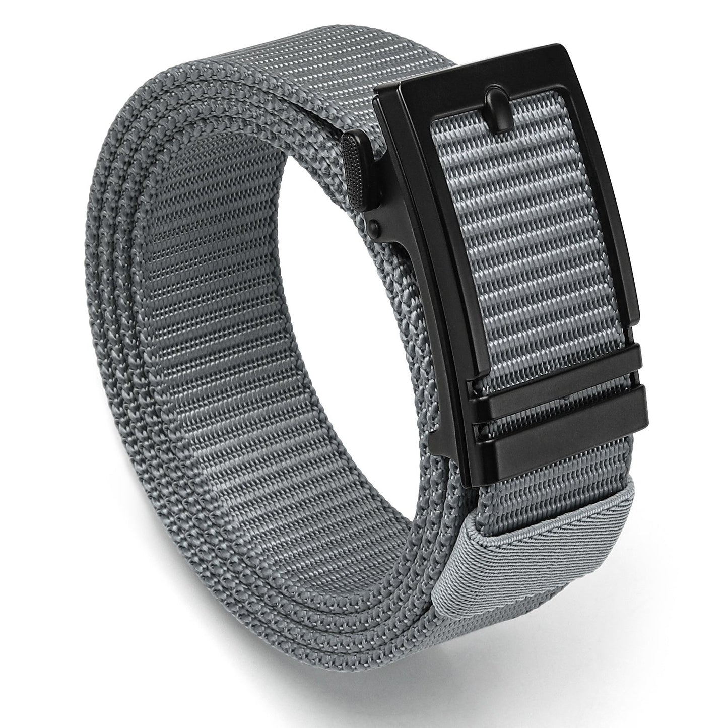 Gray nylon ratchet belt with textured webbing and black buckle housing, side view