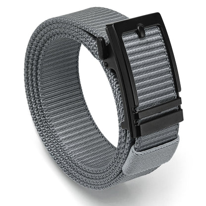 Gray nylon ratchet belt with textured webbing and black buckle housing, side view