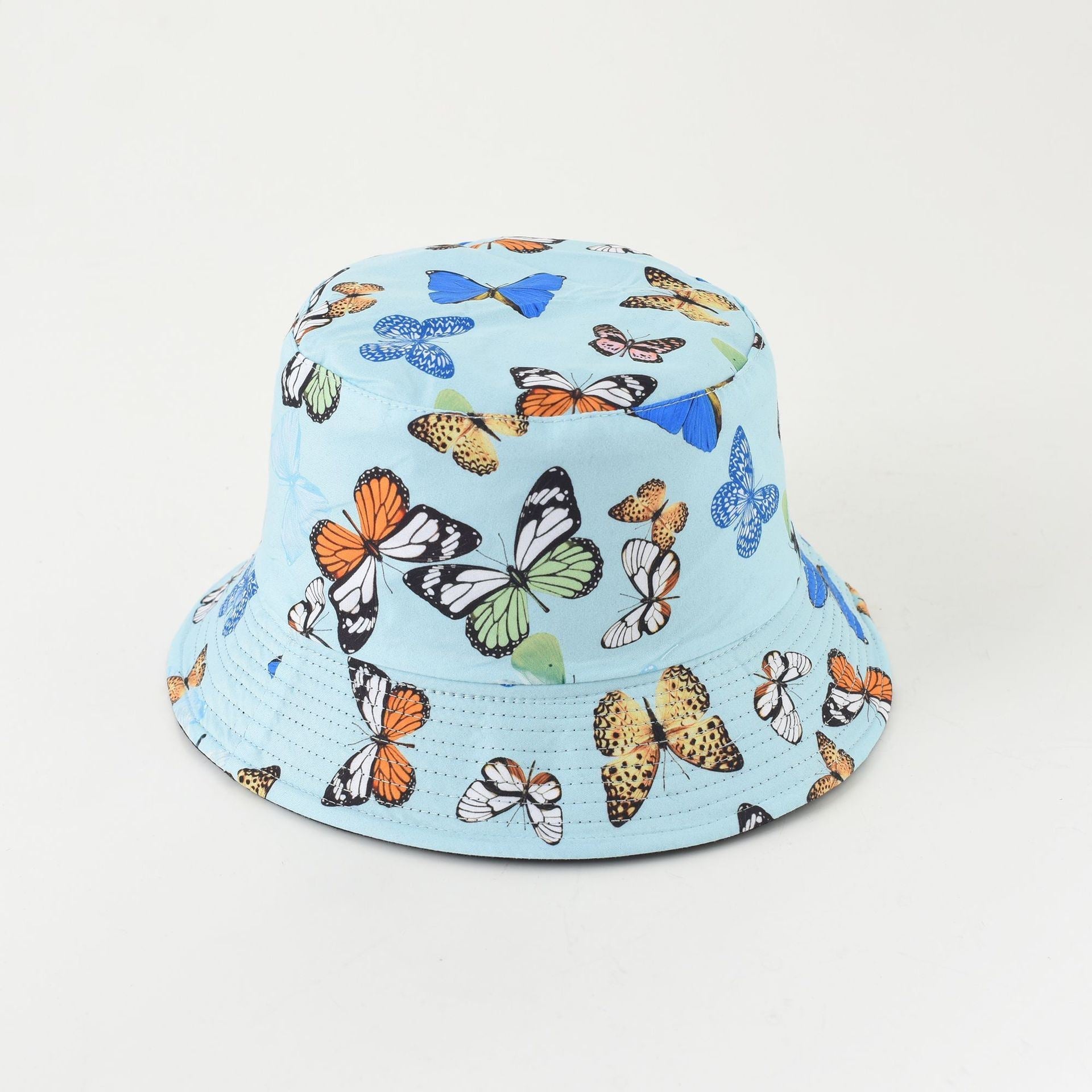 Light blue bucket hat with colorful butterfly and moth print