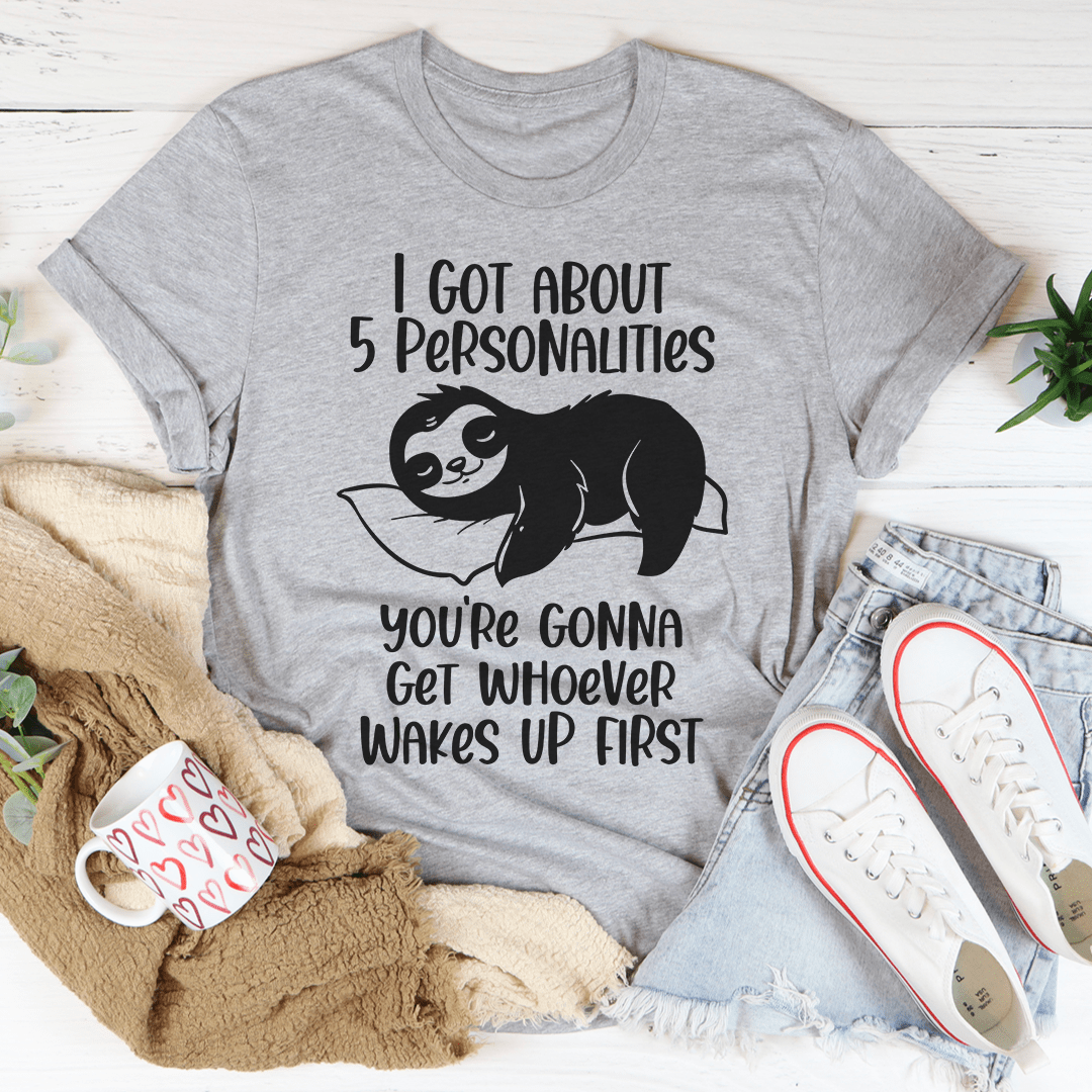 Heather gray graphic T-shirt with black bear and '5 Personalities' slogan