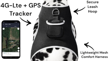Black dog GPS tracker harness with mesh comfort panel and secure leash loop