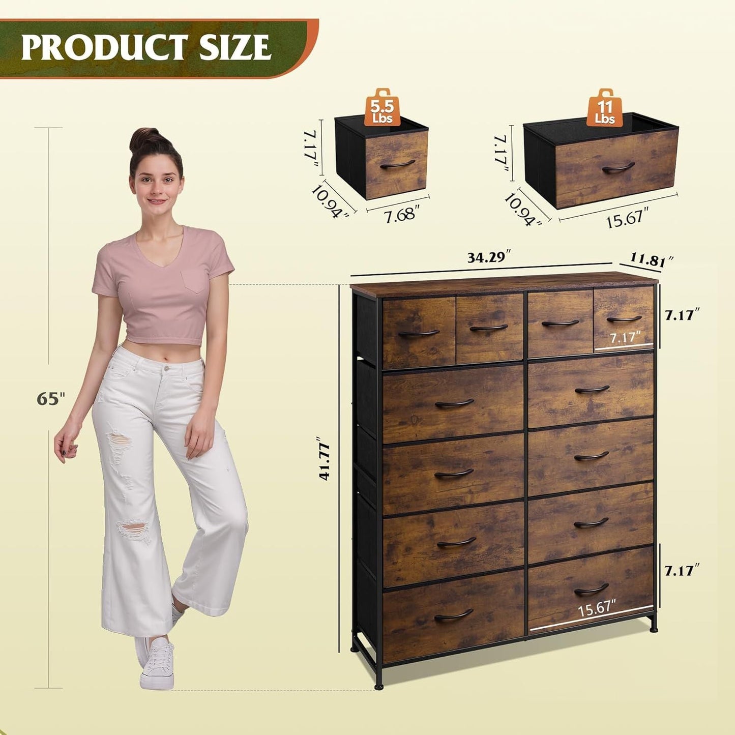 Tall Dresser for Bedroom with 12 Drawers, Dressers & Chests of Drawers, Fabric Dresser for Closet, Living Room, Storage Dressers with Storage Drawers, Steel Frame, Wood Top