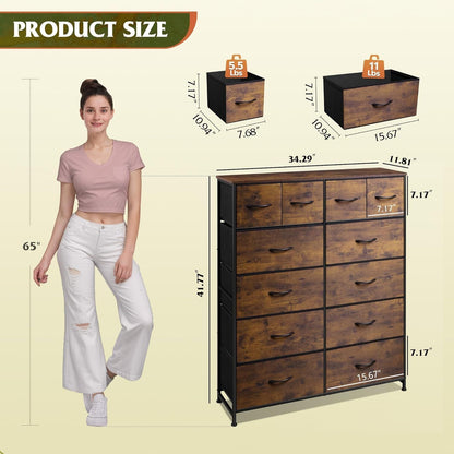 Tall Dresser for Bedroom with 12 Drawers, Dressers & Chests of Drawers, Fabric Dresser for Closet, Living Room, Storage Dressers with Storage Drawers, Steel Frame, Wood Top