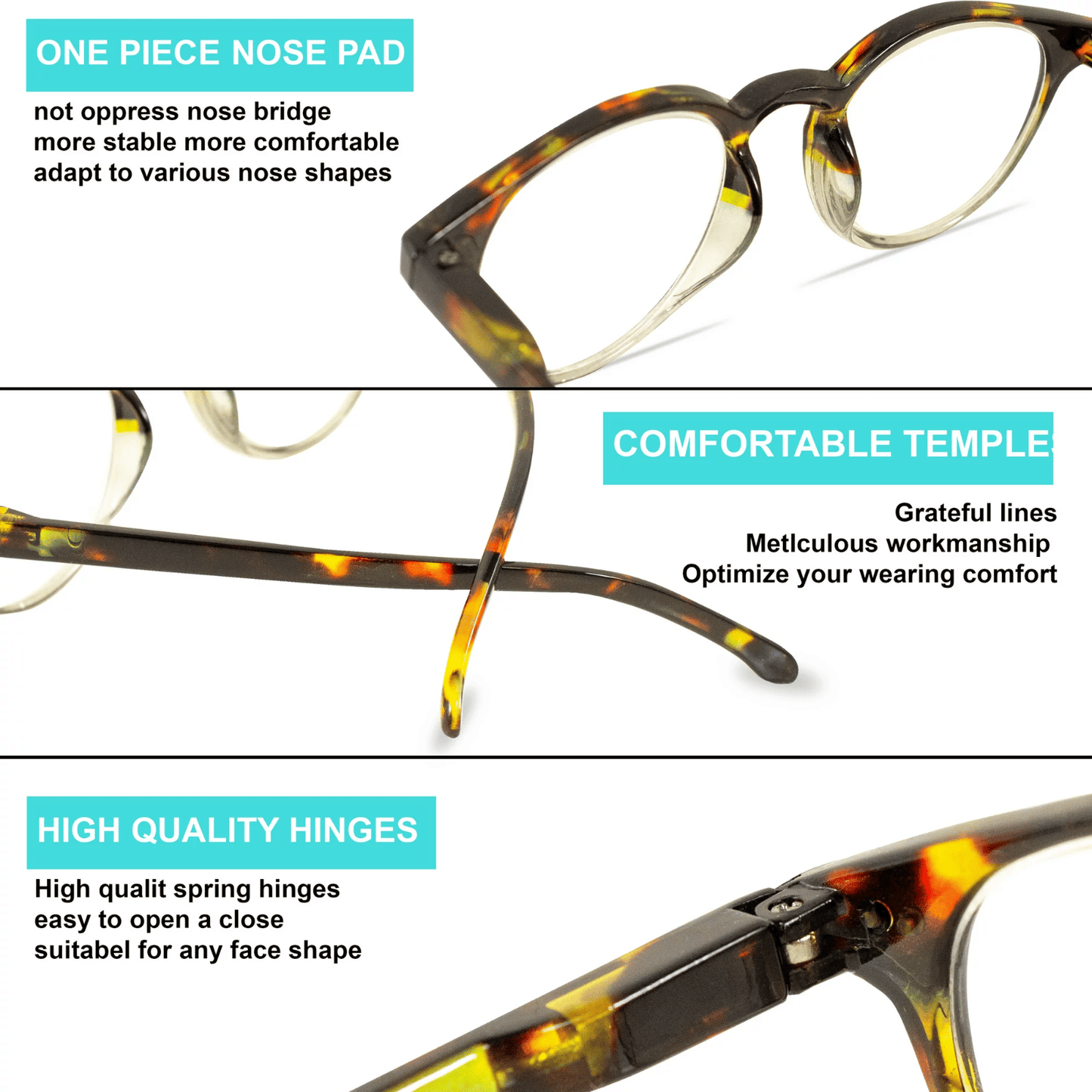 Round eyeglasses with tortoiseshell frame, nose pad and flexible temples