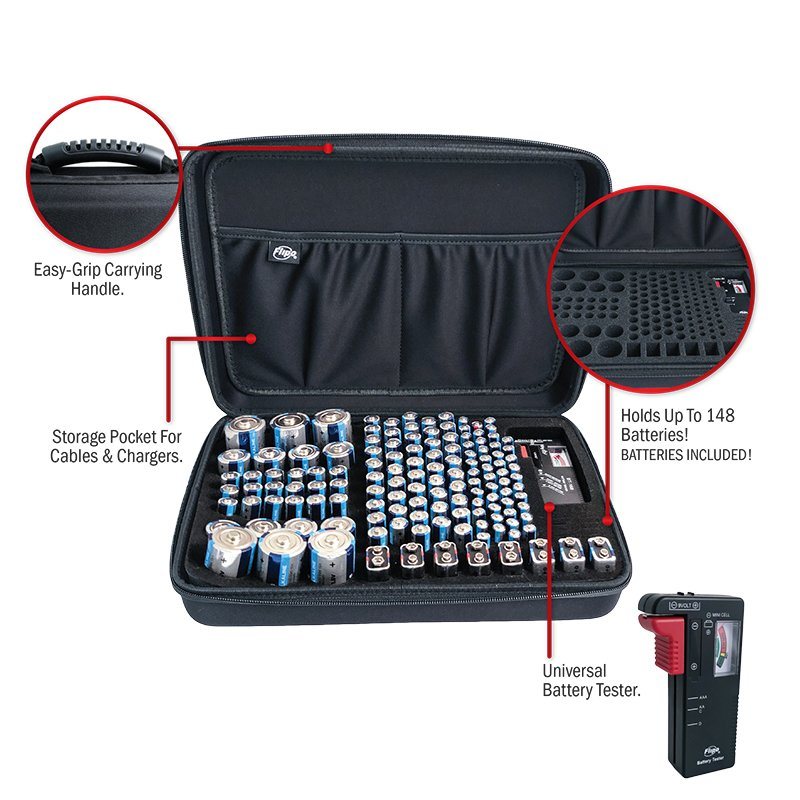 Navy battery storage case opened with battery slots, cable pocket, and tester device