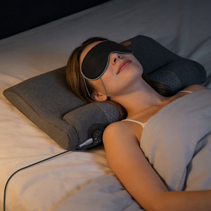 Dark grey ergonomic neck massager pillow with heating and vibration control panel